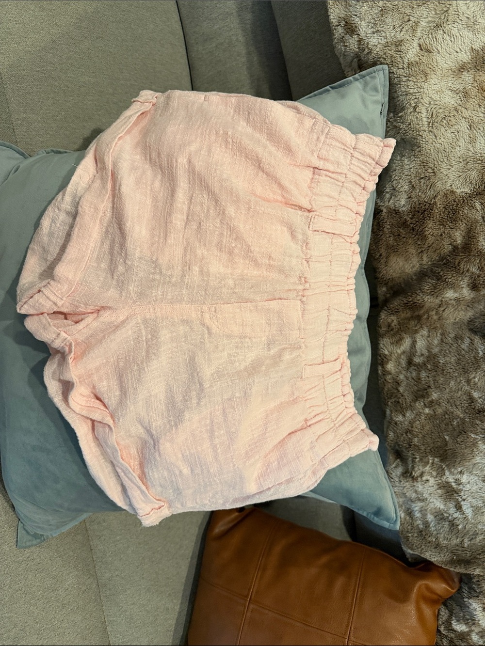 Free People Pale Pink Drawstring Waist Linen-Blend Shorts